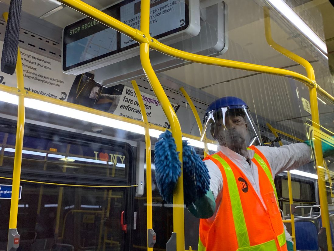 The buses being cleaned on March 6th, 2020